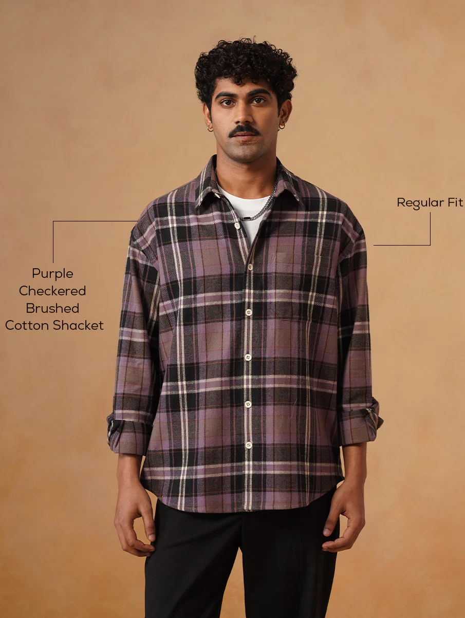 Purple Checkered Brushed Cotton Shacket – Loose Fit, Full Sleeves - Image 4