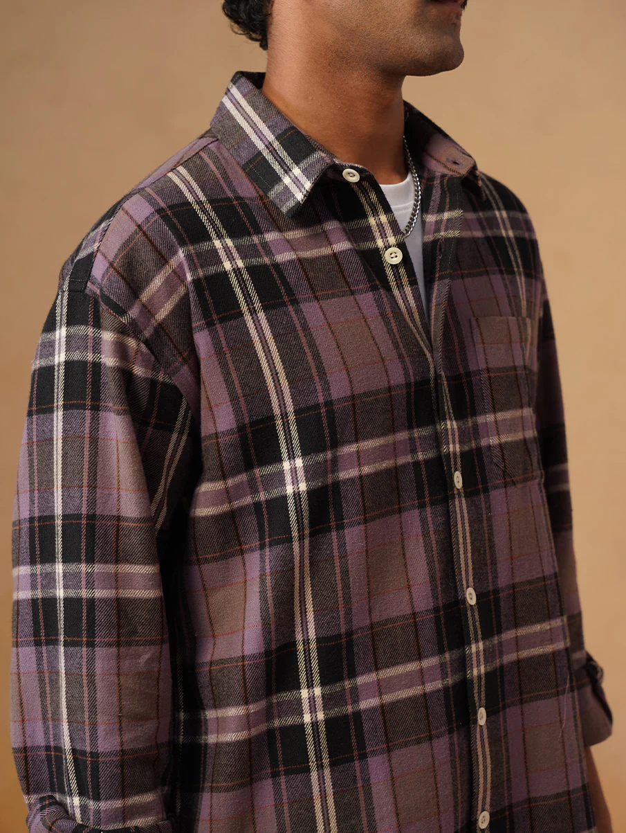 Purple Checkered Brushed Cotton Shacket – Loose Fit, Full Sleeves - Image 6