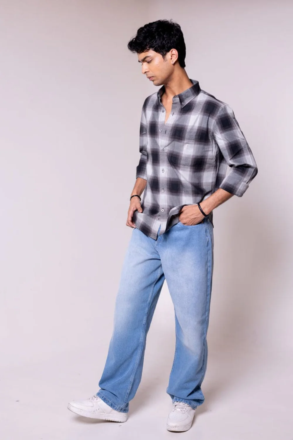 Regular Fit Black Grey Checkered Shirt - Image 3