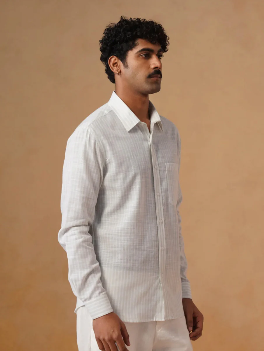 Sky Grey Striped Cotton Shirt – Regular Fit, Full Sleeves - Image 3