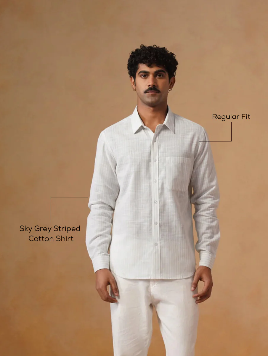 Sky Grey Striped Cotton Shirt – Regular Fit, Full Sleeves - Image 4