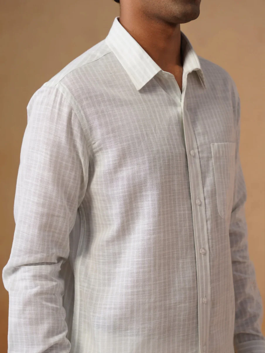 Sky Grey Striped Cotton Shirt – Regular Fit, Full Sleeves - Image 6