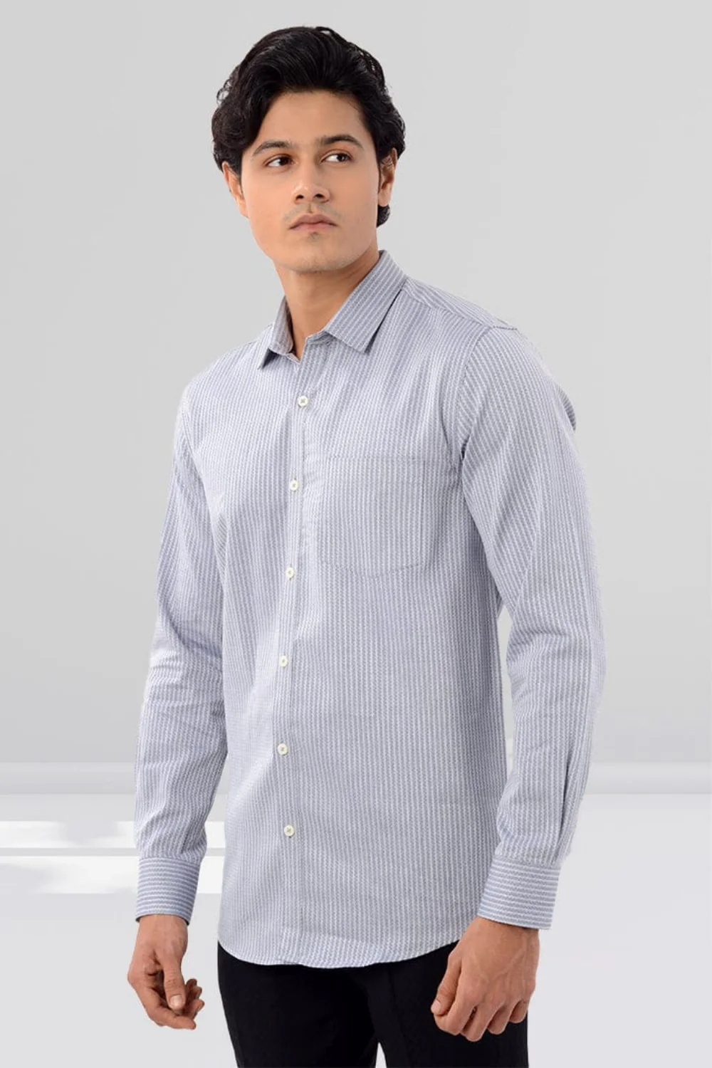 Slim Fit Full Sleeves Shirt-Light Grey - Image 3