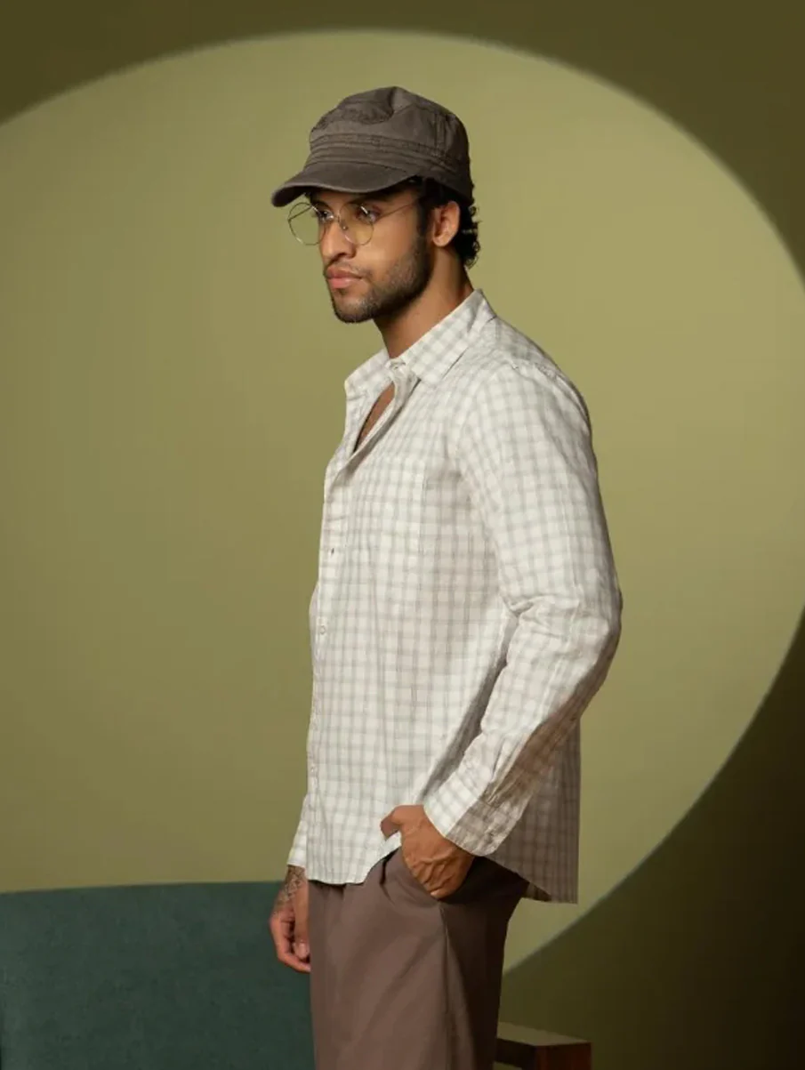 White Checkered Cotton Shirt – Full Sleeve, Regular Fit - Image 3