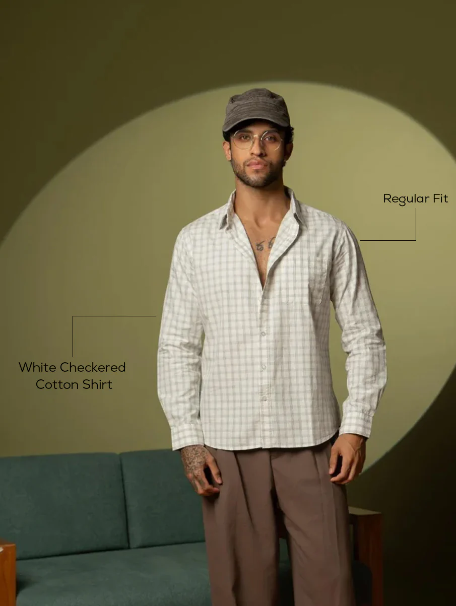 White Checkered Cotton Shirt – Full Sleeve, Regular Fit - Image 4