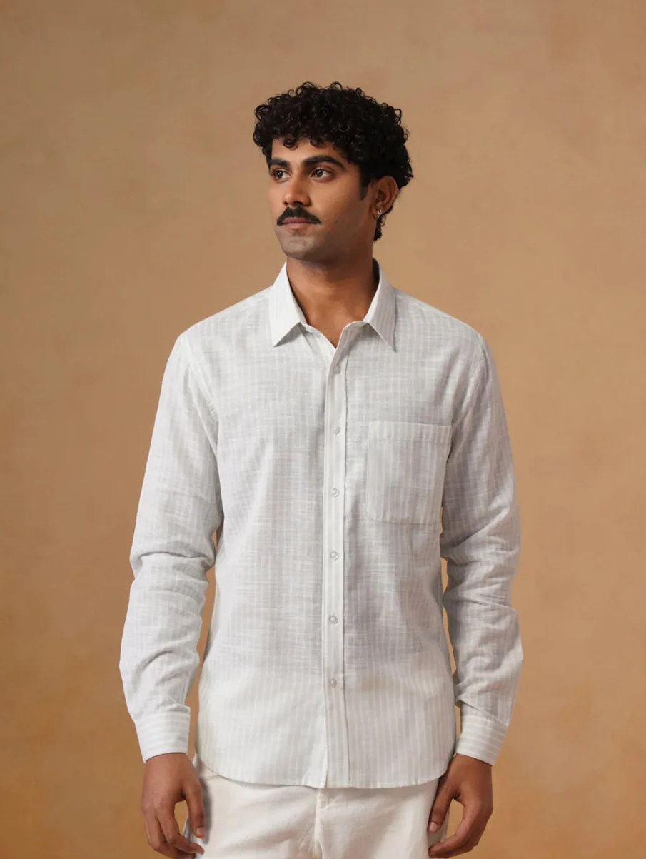 White Checked Brushed Cotton Shirt – Regular Fit, Full Sleeves