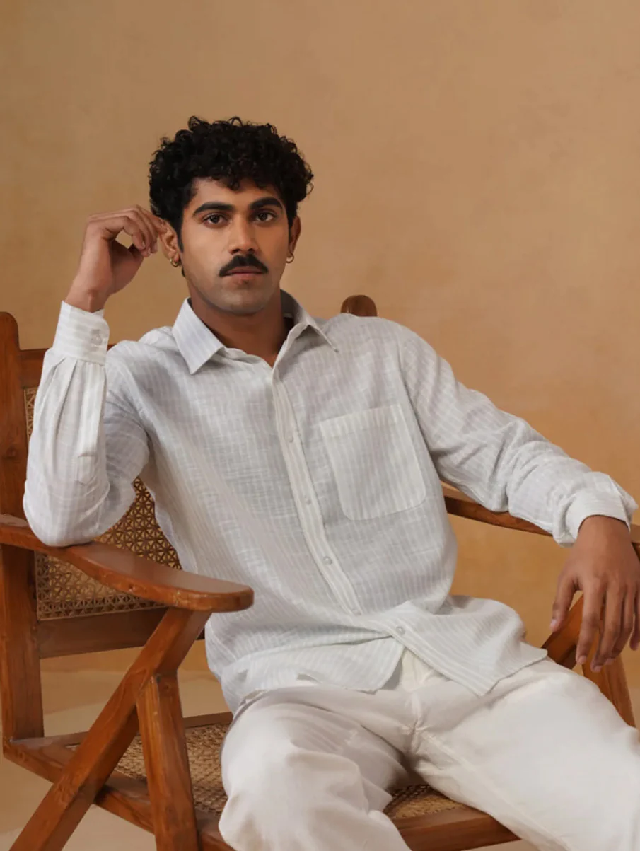 White Checked Brushed Cotton Shirt – Regular Fit, Full Sleeves - Image 3