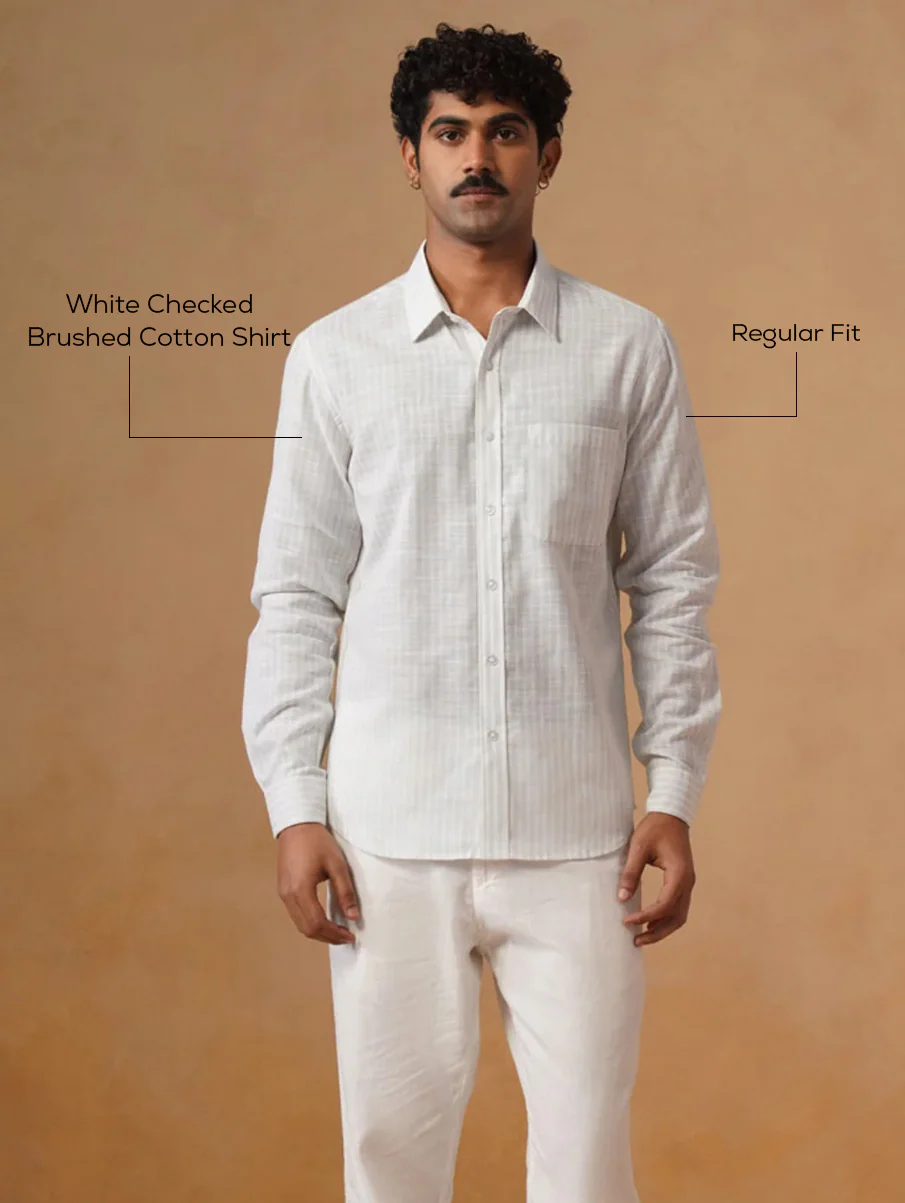 White Checked Brushed Cotton Shirt – Regular Fit, Full Sleeves - Image 4