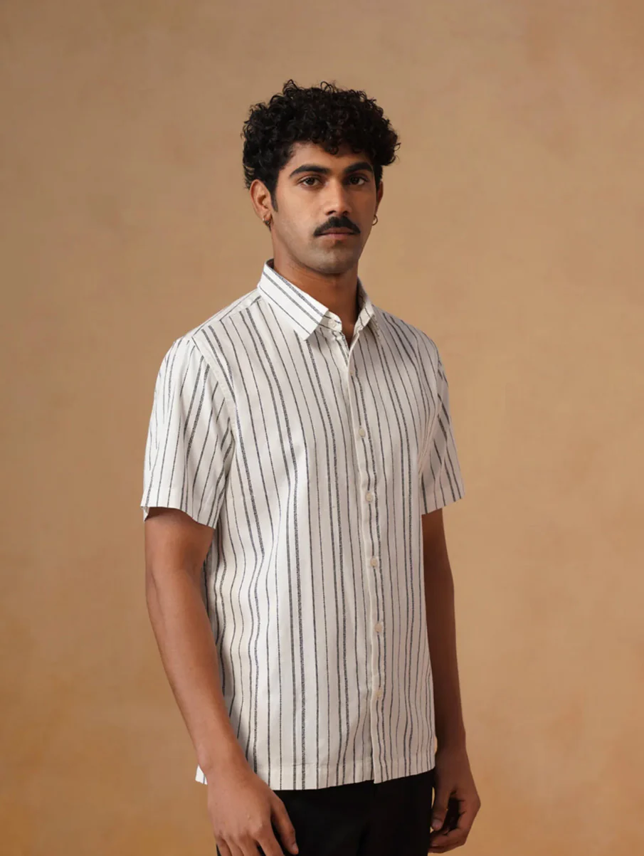 White Printed Cotton Shirt – Regular Fit, Half Sleeves - Image 3