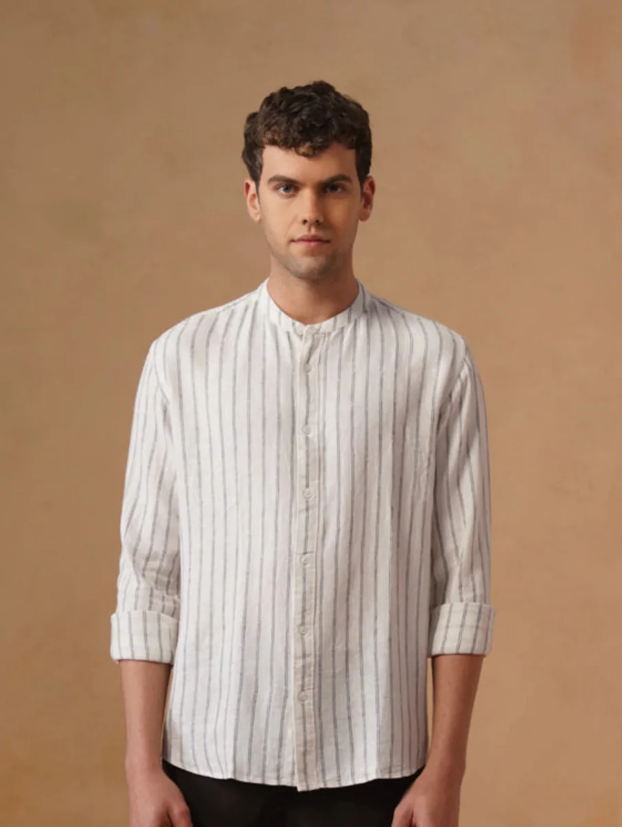 White Striped Cotton Mandarin Collar Shirt – Regular Fit, Full Sleeves