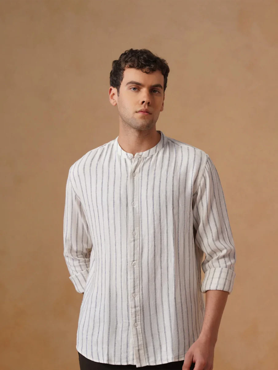 White Striped Cotton Mandarin Collar Shirt – Regular Fit, Full Sleeves - Image 3