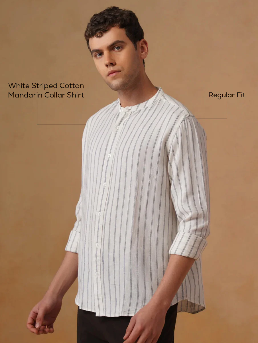 White Striped Cotton Mandarin Collar Shirt – Regular Fit, Full Sleeves - Image 4