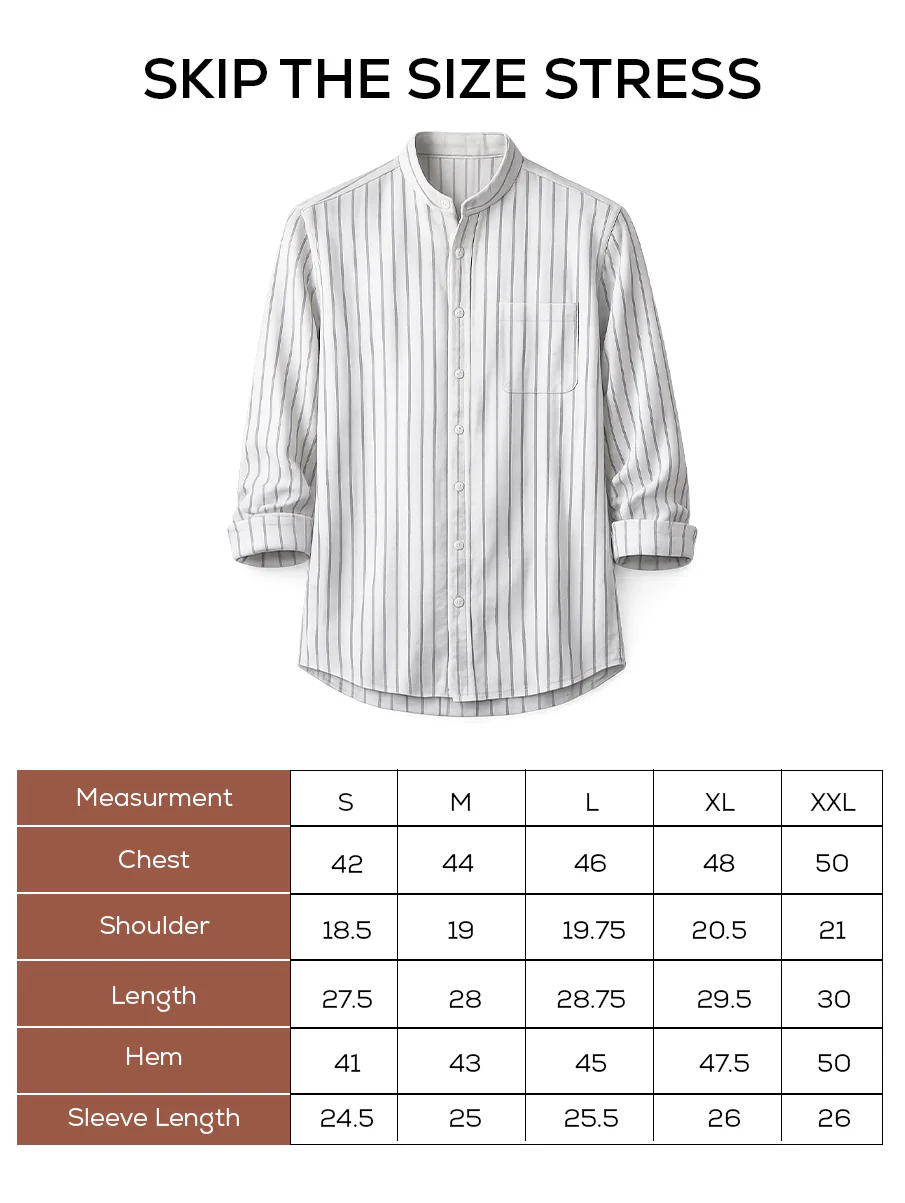 White Striped Cotton Mandarin Collar Shirt – Regular Fit, Full Sleeves - Image 5