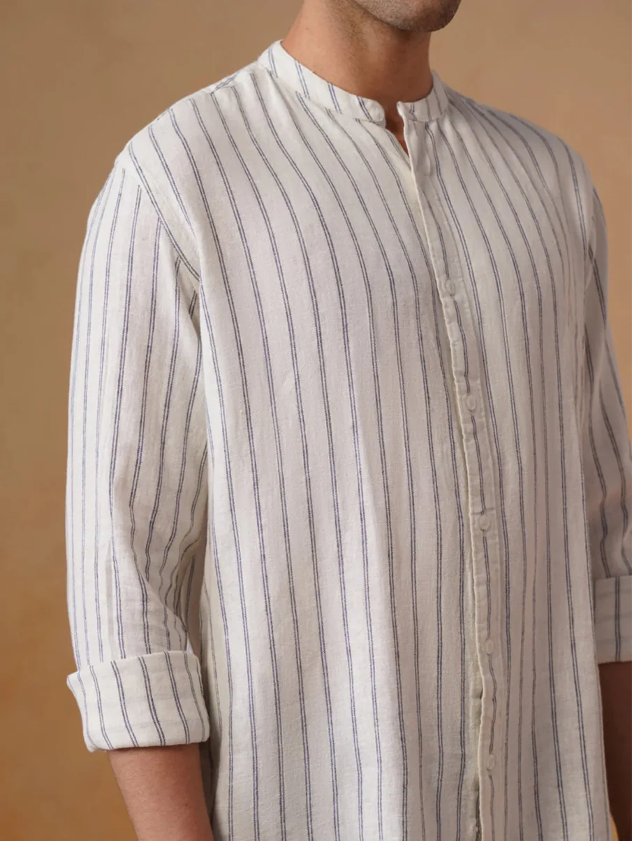 White Striped Cotton Mandarin Collar Shirt – Regular Fit, Full Sleeves - Image 6