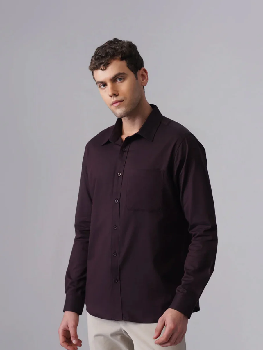 Wine Brushed Cotton Shirt – Regular Fit, Full Sleeves
