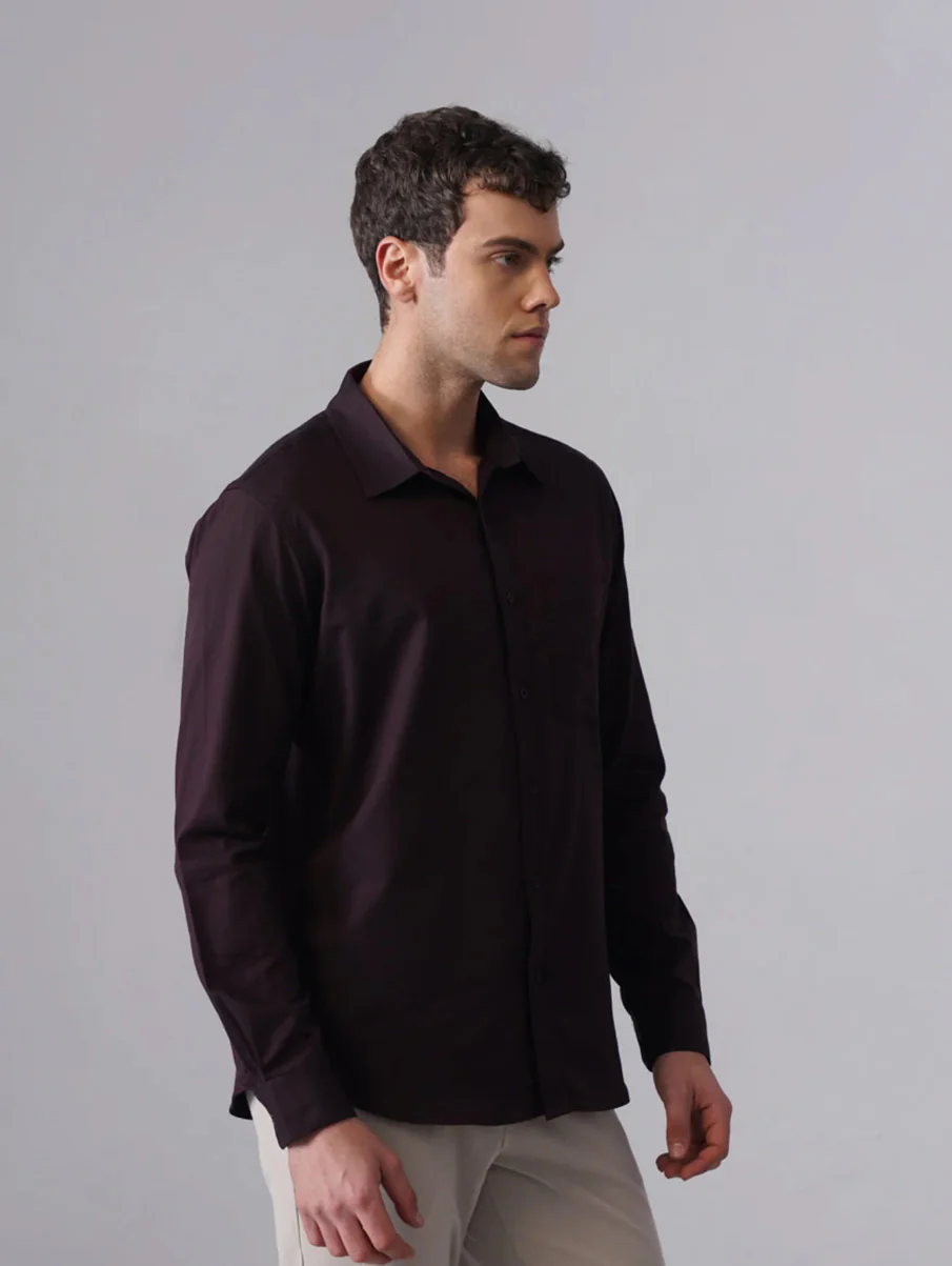 Wine Brushed Cotton Shirt – Regular Fit, Full Sleeves - Image 3