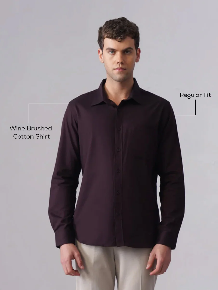 Wine Brushed Cotton Shirt – Regular Fit, Full Sleeves - Image 4